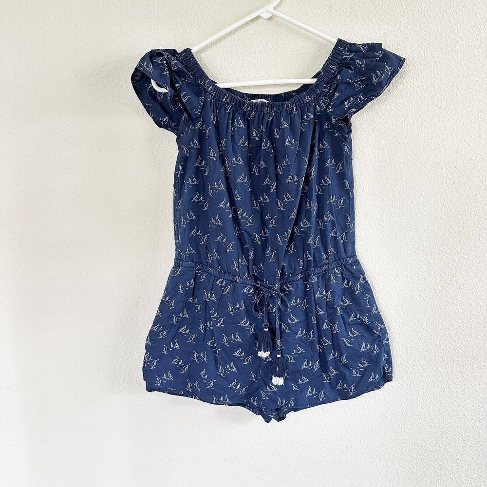 Vineyard Vines Romper Size XS Navy Blue Nautical Sailboats Off Shoulder Tassels